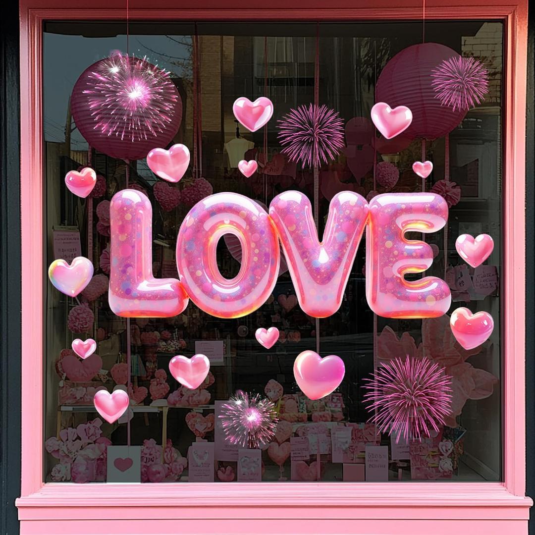Love Valentine's Day Window Clings with Pink Heart Design Winter Window Stickers Reusable Static Double-Sided Holiday Window Decorations for Wedding Anniversary Party Home Glass Door Decor