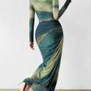 MARZXIN Women Long Sleeve Maxi Dress Bodycon Ruched Formal Slim Fit Tie Dye Dress Formal Mesh Dress (S)