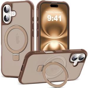 Compatible with iPhone 16 Case with Invisible Magnetic O-Ring Stand Military-Grade Translucent Case for iPhone 16 6.1" [Compatible with Mag-Safe][Great Grip Feeling], Desert Brown