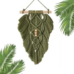 Boho Macrame Wall Hanging Leaves, Green Woven Leaf Tapestry, Tapestry Bohemian Chic Wall Dcor, Feather Walls Hanging Boho Decor for Dorm Home Bedroom Western Room Decoration Gift for Women