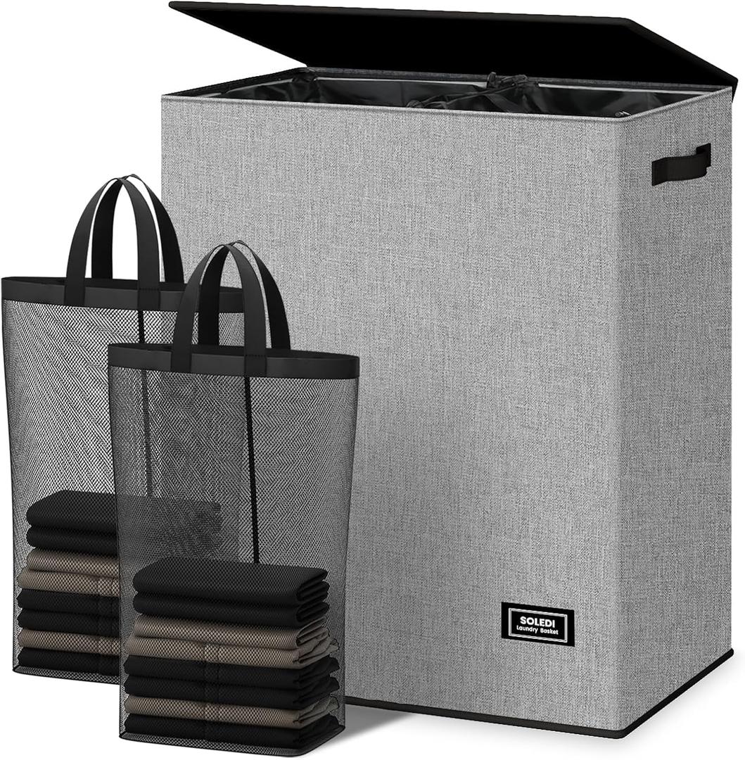 SOLEDI Double Laundry Hamper with Lid and Removable bag, Large Laundry Basket 2 Section with handles, Collapsible Dirty Clothes Hampers for Laundry, Bedroom, Dorm, College (145L, Grey)