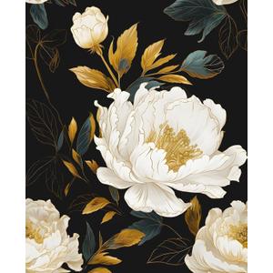 Vintage Dark Floral Wallpaper Peel and Stick, White Peony Flower with Gold Leaf Removable Contact Paper for Bedroom Cabinet Drawer, Boho Botanical Wall Decor Black White Gold 17.5" x 118"