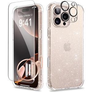 GVIEWIN for iPhone 16 Pro Max Case Floral, with Screen Protector & Camera Lens Protector,[Non Yellowing] Slim Shockproof Clear Phone Protective Cover for Women, Flower Pattern Design 6.9" (Twinkle Clear)