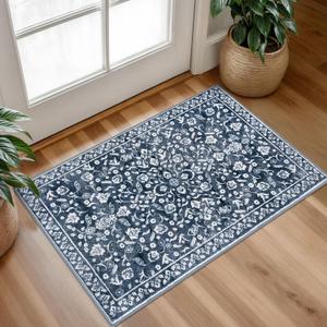 Vintage Entryway Rug Indoor, Navy Washable Rug 2x3, Small Area Rug with Non-Slip Backing, Floral Print, Thin Faux Wool Super Soft Door Mat for Kitchen, Entrance, Bedroom, Office (Navy and White)