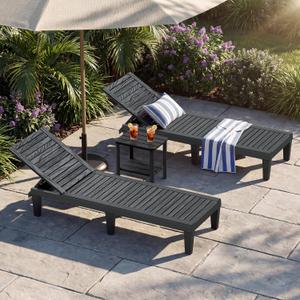 Outdoor Chaise Lounges, Patio Lounge Chair, Black Wood Grain, Set of 2