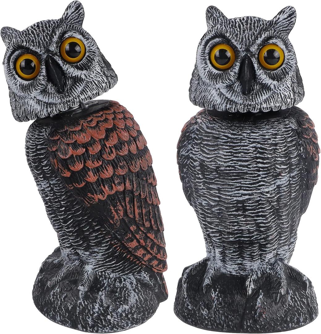 Hausse 2 Pack Fake Owl Decoys to Scare Birds Away, Rotating Head Plastic Owl Bird Deterrents, 10.6 Inch Height Bird Scarecrow Nature Enemy Horned Pest Repellent for Outdoor Garden Yard