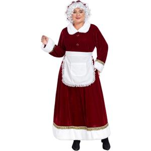 WeGuard Mrs Claus Costume for Women 5PCS Adult Velvet Santa Clause Dress with Hat Apron White Wig Glasses Christmas Suit (Large)