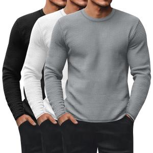 Ficerd 3 Pack Men's Waffle Long Sleeve Shirts, Crew Neck Thermal Underwear Tops Casual Pullover Sweaters Knit Undershirts (XL)