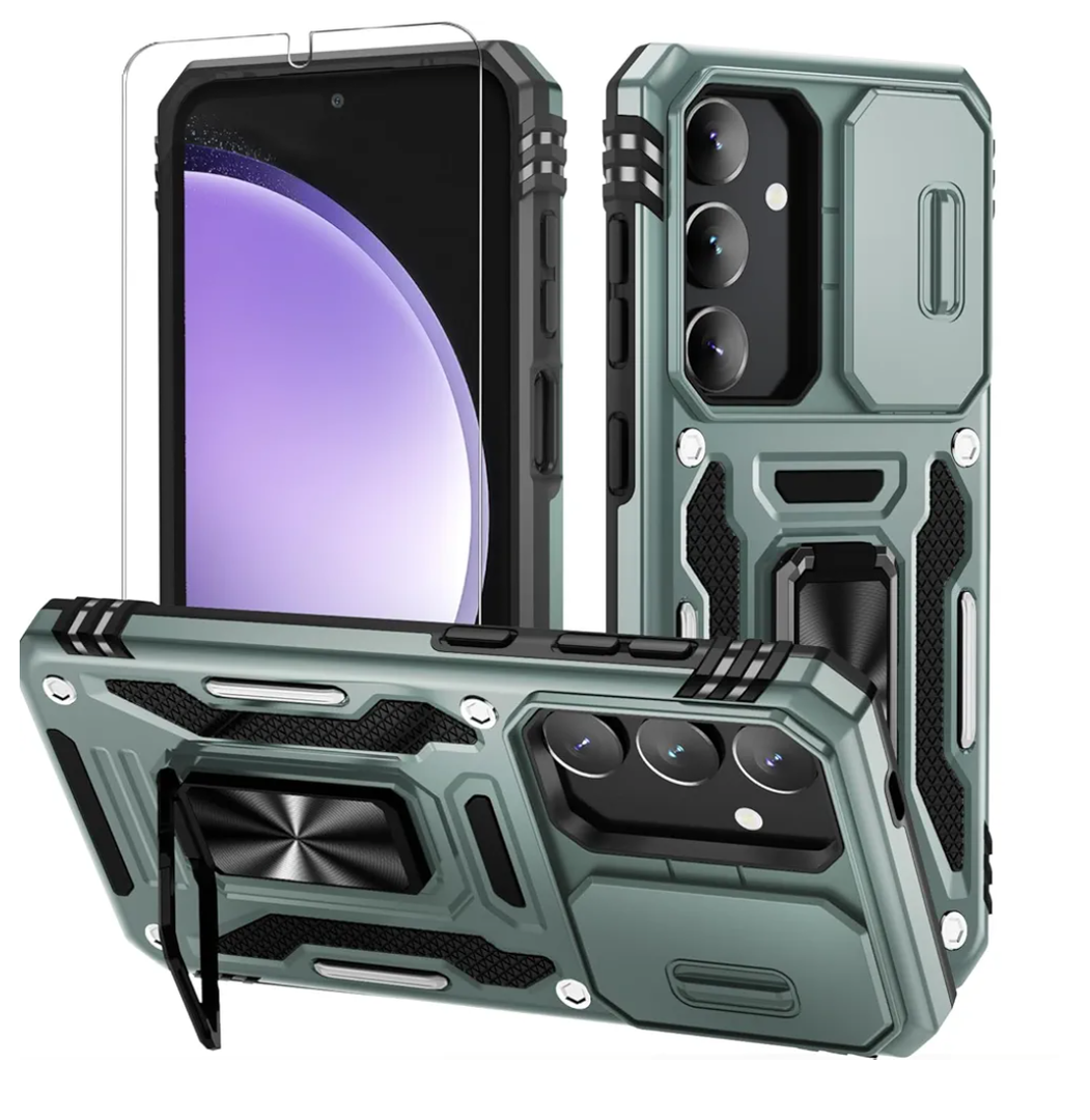 Pack of 2 WRJ for Samsung Galaxy S25 Plus/S24 Plus Case with Slide Camera Cover and Screen Protector, Military Grade Protection [Rotated Ring Kickstand] Heavy Duty Shockproof Protective Cover-Green
