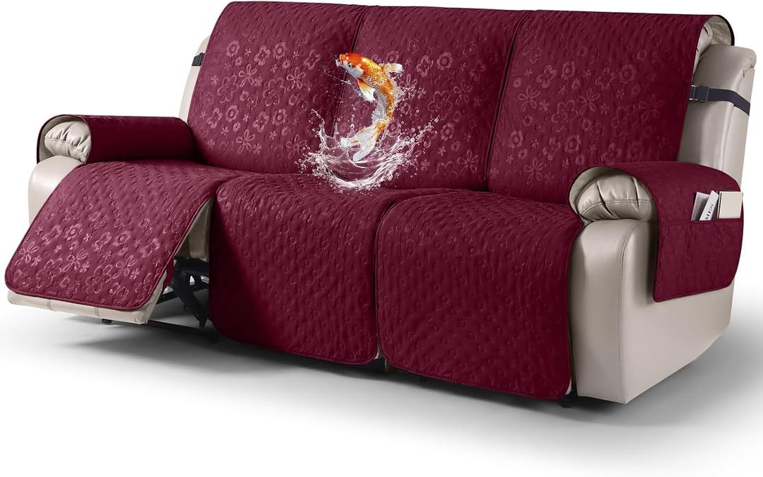 VANSOFY 100% Waterproof Recliner Sofa Covers, Couch Covers with Non-Slip Granule, 3-Piece Washable Reclining Sofa Cover with Pocket Furniture Protector for Kids, PetsBurgundy,3 Seater