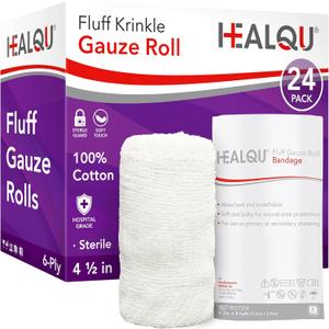 HEALQU Kerlix Type Gauze Bandage Rolls - 4 in x 4.1 Yds, 6 Ply - 24 Single Sterile Pocuhes - Extra Absorbency, Latex Free, Hospital Grade Cotton Krinkle Fluff Bandage Wrap - Wound Care & First Aid