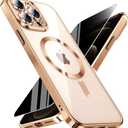 WEYNRBOX Magnetic for iPhone 12 Pro Max Case with Privacy Screen Protector & Full Camera Cover,[Non-Yellowing] Plating Glossy Soft Shockproof Clear Phone Case with Women Girls for 12 ProMax,Gold