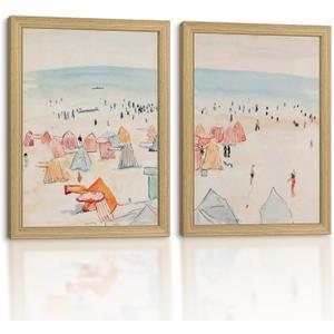 Framed Vintage Beach Canvas Wall Art 2Pcs Coastal Home Decor 24x16 Inch