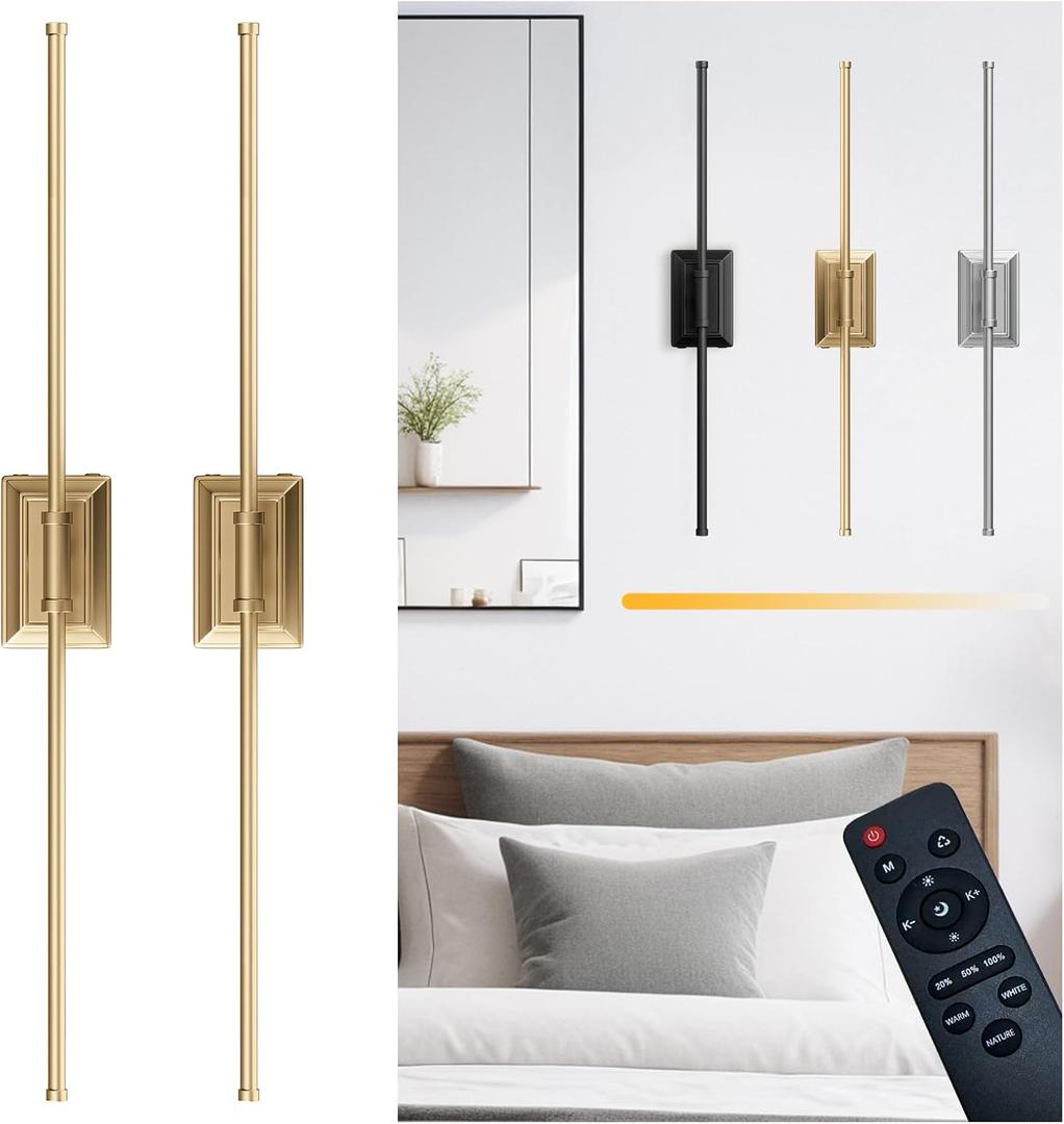 Battery Operated Wireless Wall Sconce - Modern Rechargeable Led Sconces in Black Gold Silver - Bedroom Decor Stick On Lights Set of 2 - Long Indoor Living Room Bathroom Remote Wall Light