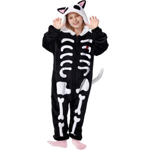 Unisex Animal Costume for Kids Halloween Jumpsuits Boys Girls One Piece Romper Animals Cosplay Party Age 6-13 (8-9 Years, Skeleton Cat)