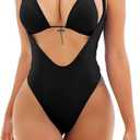 Viottiset Women's Halter 2 Piece Swimsuit Brazilian High Cut Bikini Set Sexy Push Up (Medium, Black)