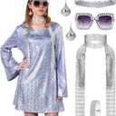 70s Disco Outfit Women, 70s Theme Disco Dress Costume Shiny Go Go Dress for Halloween Birthday Dance Party (Purple)