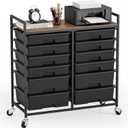 TOOLF 12 Drawers Rolling Storage Cart with Wooden Top for Classroom, Black