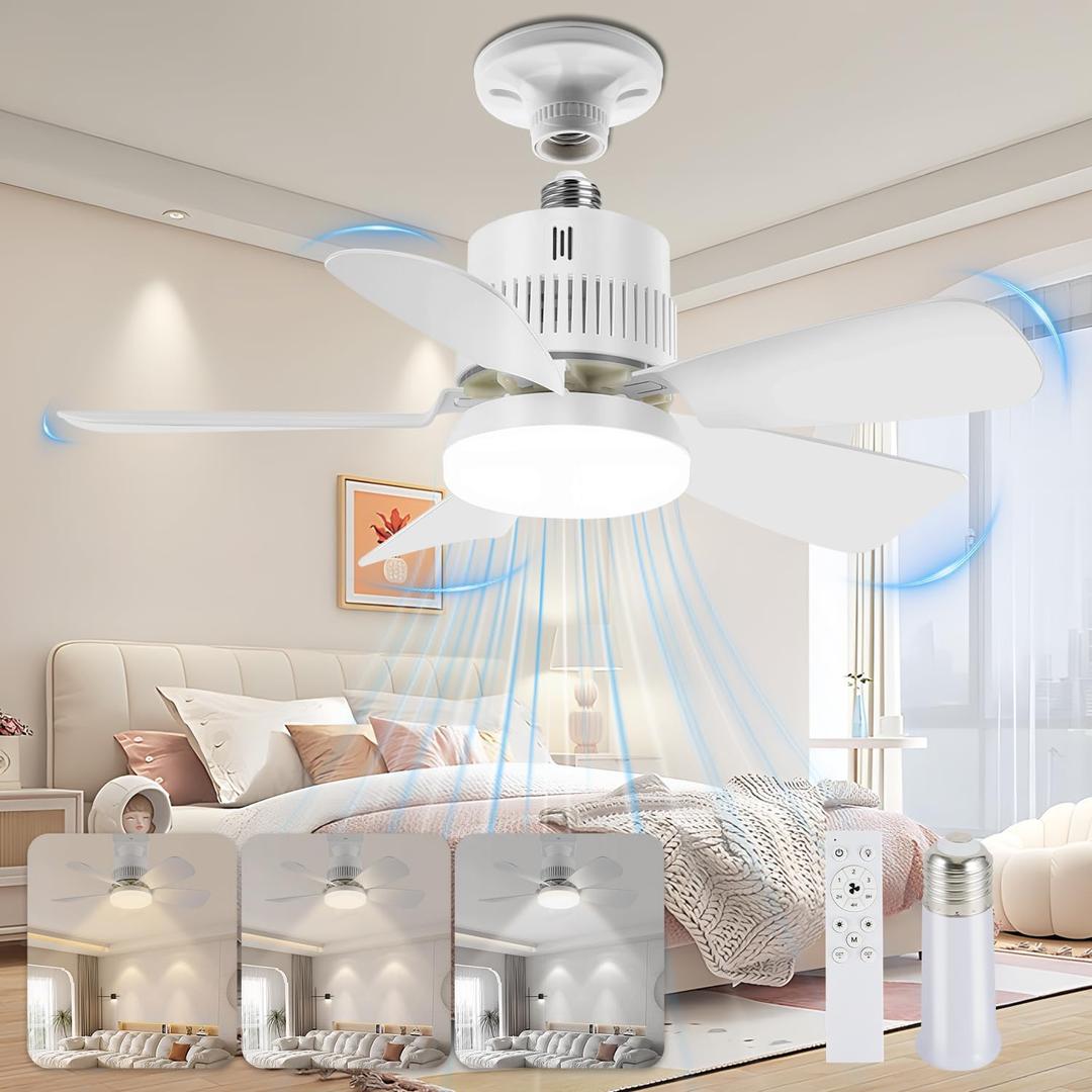 Screw-in Socket Light Fan with Remote, Ultra-Quiet High-Speed Fan, Adjustable 1000LM LED Lighting, Memory Save, Built for Closets, Kitchens, Attics, Kids Rooms & Compact Spaces (White-Gray)