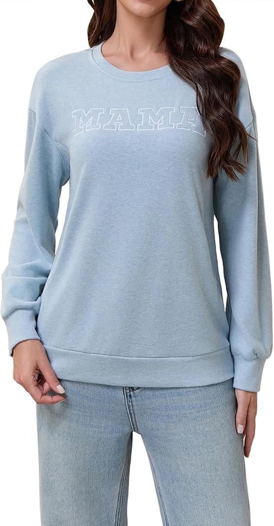 TAIUICY Women Waffle Knit Mama With Zippers Breastfeeding Sweatshirt Mama Embroidered Zip Nursing Pullover Tops (Blue, M)