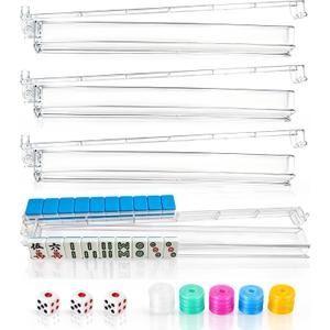 Clear Mahjong Racks with Pushers Set of 4 American Mahjong Tile Racks with Mahjong Dice & Colored Chips Acrylic Mahjong Rack and Pusher Gift-Ready Mahjong Beginners (Clear)