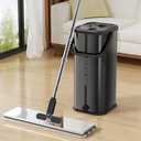 Flat Mop and Bucket for Home with Extra Refills, Stainless Steel Mop and Bucket with Wringer, Hands-Free Mop, Wet and Dry Use Mop with Long Handle (Black)