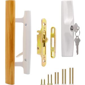 TPard Sliding Glass Patio Door Handle Set with Key Cylinder & Mortise Lock, 3-15/16" Hole Spacing, White/Oak