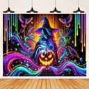 BlissYard Halloween Blacklight Tapestry 78x59 Inch Witch Pumpkin UV Reactive Wall Hanging Spooky Scene Glow in Dark Backdrop October Festive Luminous Blacklight Tapestry Party Decor