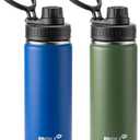 Insulated Water Bottle 2 Pack-16 oz Stainless Steel Vacuum Sports Water Bottle Wide Mouth Flask with Leakproof Spout Lid (Navy-Grass Green)