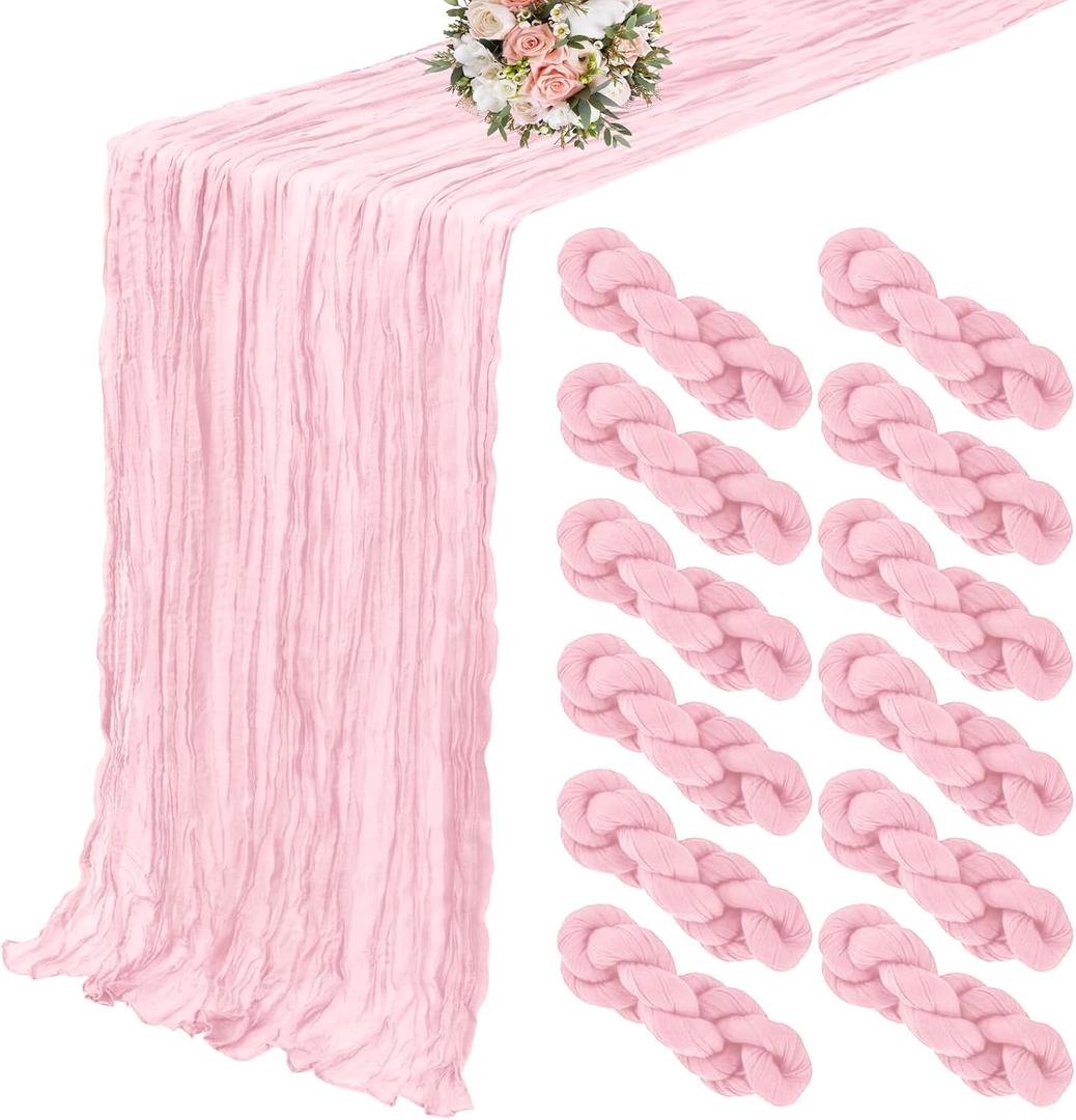 12 Pack Cheesecloth Table Runner 20 x 120 inch Cheese Cloth Table Runner Bulk,Romantic Boho Sheer Gauze Fabric Table Runners for Wedding Reception,Party,Bridal Shower Table Decor(Light Pink)