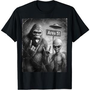 UFO & Rock On Area 51, Bigfoot and Alien Vintage Sasquatch T-Shirt (Black, L)