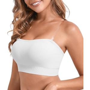 DEANGELMON Strapless Bras for Women Comfort Non-Slip Seamless Padded Bralette Clear Straps Wireless Tube Top Bra (Medium, White)