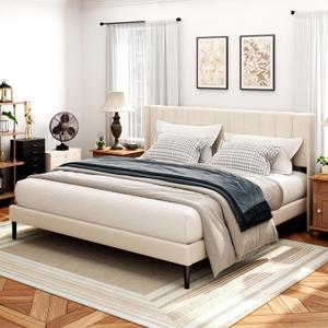 King Size Bed Frame and Headboard,Vertical Channel Tufted Wingback No Box Spring Needed, Mattress Foundation, Easy Assembly, Beige