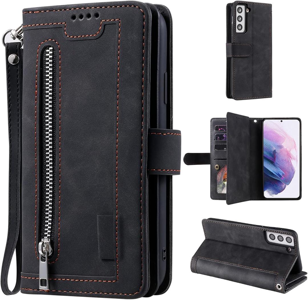 UEEBAI Wallet Case for Samsung Galaxy S21 FE 5G, Retro 9 Card Holder Slots Zipper Pocket PU Leather Handbag Cover Magnetic Closure Kickstand with Wrist Strap TPU Shockproof Flip Case - Black