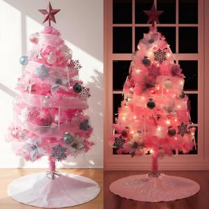 Lunmon 44 Pcs 4 ft Half Christmas Tree for Wall Corner Christmas Tree with Xmas Ball Light String Icicle Flowers Snowflake Ribbon Top Star for Holiday Indoor Party Decoration (Pink)