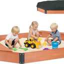75.5''x53''x8.5'' Octagon Sandbox with Storage Box for Kids Outdoor Play, Wood Large Sandpit with Cover & 3 Benches, Quick Easy Install 