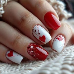 Valentines Press on Nails Square Shaped Artificial Acrylic False Nail Red Love Fake Nails Full Cover Glossy Medium Stick on Nail Artificial Fingernails for Women Festival Manicure 24Pcs