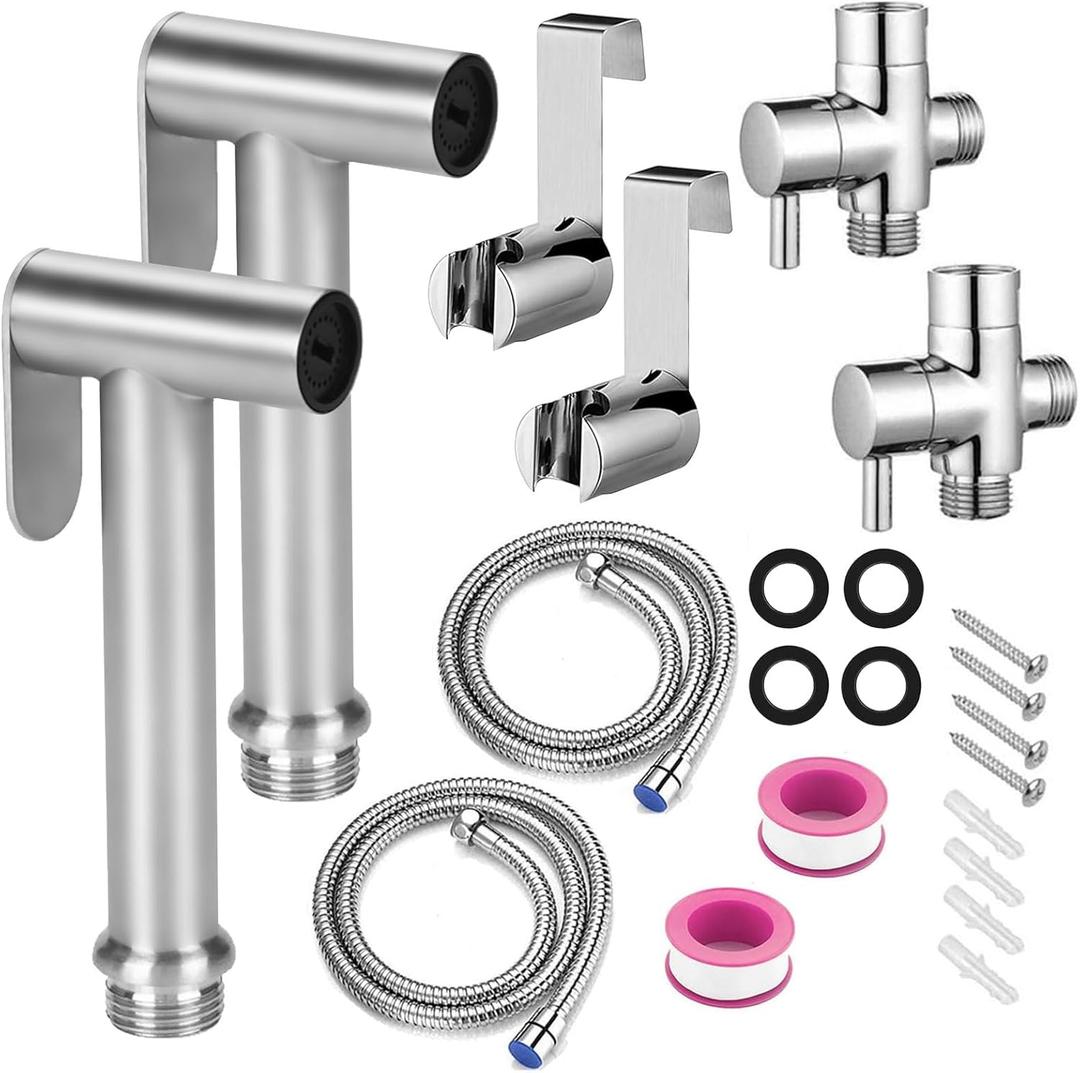 2 Pack Handheld Toilet Bidet Sprayer, Adjustable Water Pressure Stainless Steel Jet Spray Attachment with Hose for Feminine Wash, Cloth Diaper, Pet Shower, Bathroom Cleaning