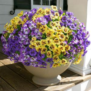 Ivydale 20PCS Artificial Fake Pansy Flowers for Outdoors Spring Decor,Faux Silk Pansies UV Resistant Plants for Front Door Porch Yard Patio Window Box Home Decor(Purple Yellow Gradient Purple)