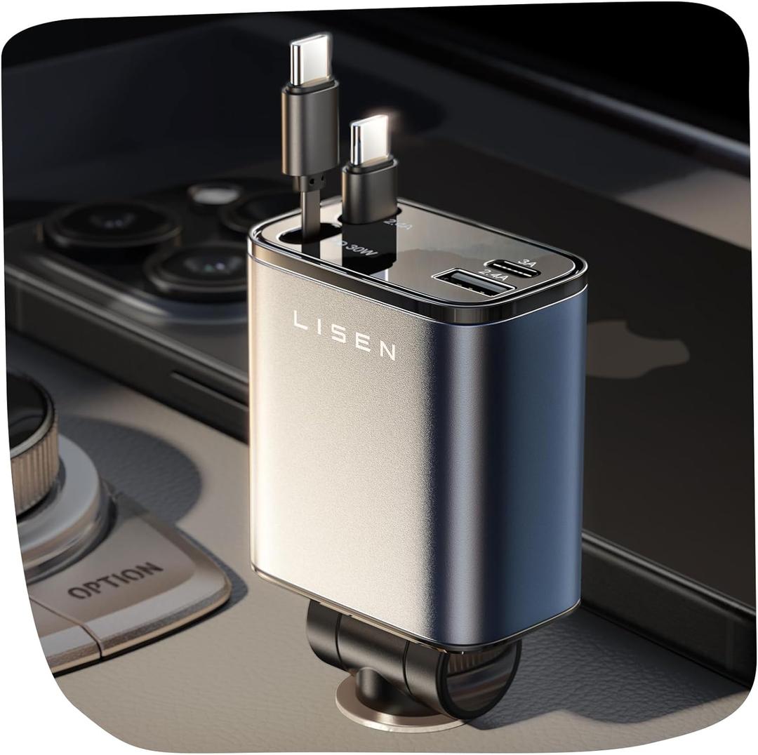 LISEN Retractable Car Charger USB Cwith Dual Type C Cables 69W for iPhone 16 USB C Car Charger Adapter Fast Charging Compatible with iPhone 16 15 Pro Max, Samsung Galaxy S25/S24, Android