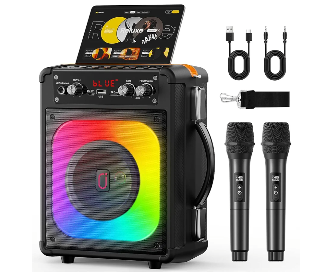 Karaoke Machine, Portable Bluetooth Speaker with 2 Wireless Microphones for Adults & Kids,Karaoke Speaker for Parties and Gatherings, PA System Supports TWS/USB/TF/REC/AUX and TV Connected