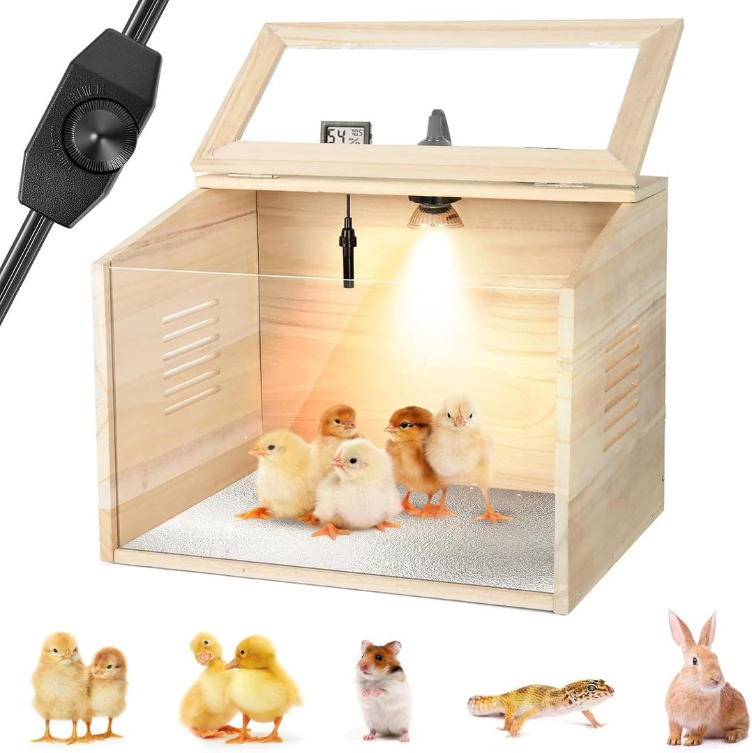 Wooden Brooder Box for Chicks Brooder Box with Heat Lamp,Thermometer and Hygrometer,Temperature Adjustable Chick Starter Kit Transparent Skylight for Baby Chicks, Ducks, Quails Birds