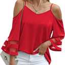 Jouica Womens Summer Cold Shoulder Tops Mesh Panel 3/4 Bell Sleeve Tees Adjustable Spaghetti Strap Loose Fit Shirts,XL