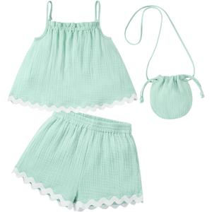 Toddler Girls Summer Outfits Baby's 100% Cotton 3 Pcs Short Sets Adjustable Strap Top Shorts with Matching Bag