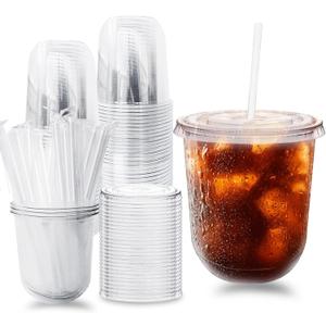 Alaeseje 50 Pack Clear Plastic Cups with Lids and Straws,12 oz Disposable Iced Coffee Cups,PET Crystal Cups,Round Bottom To Go Cup for Iced Coffee Juice Smoothie Cold Beverage