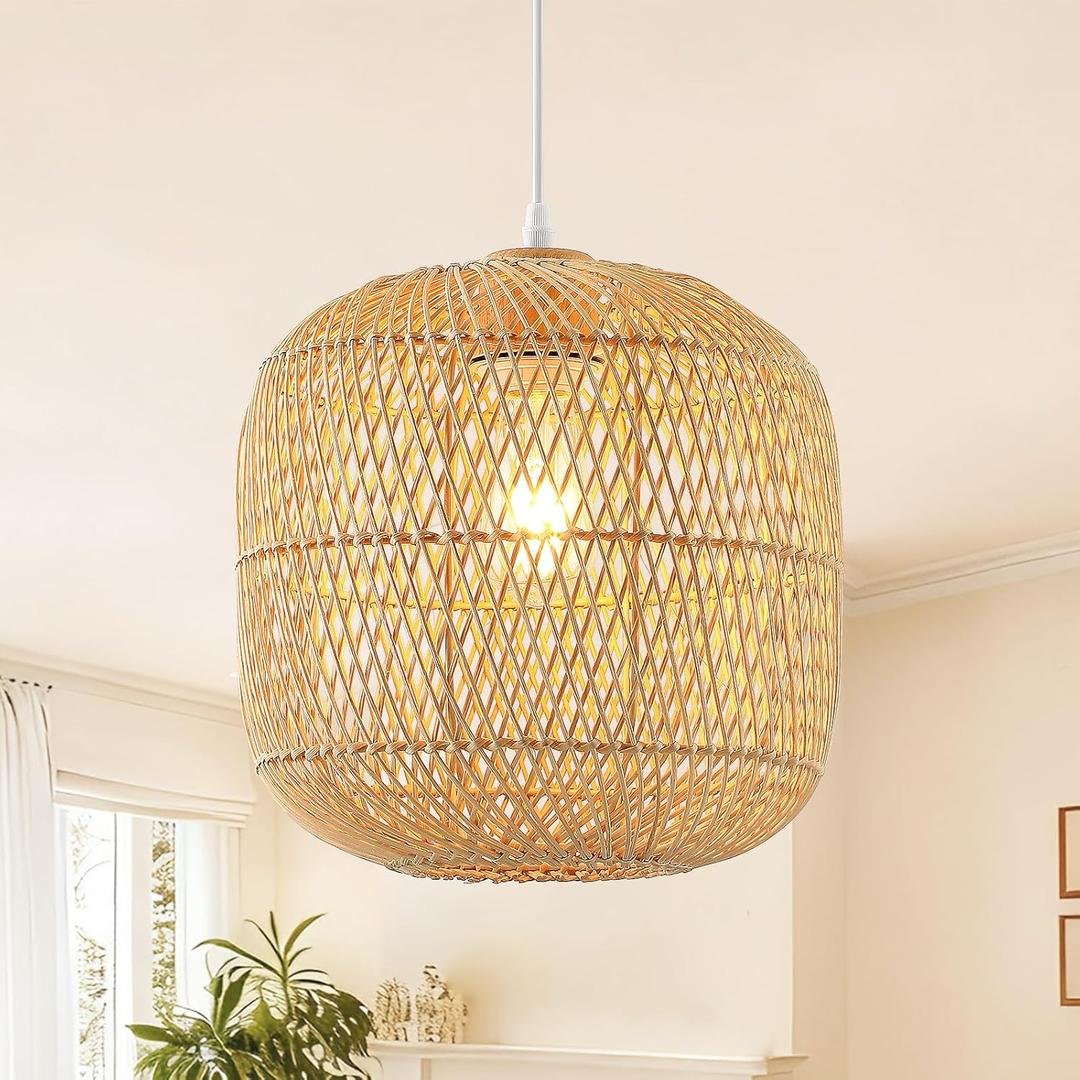 Hand-Woven Rattan Pendant Light, 11in Rattan Chandelier Boho Wicker Hanging Lighting Fixture Coastal Pendant Lights for Kitchen Island Dining Room Bedroom Foyer Entrance (Rattan(11x11.5in))