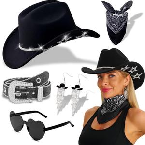 Cowboy Hat for Women Men with Sparkly Stars Brim & Rhinestone Belt and Heart Sunglasses Bandana Cowboy Hat Earrings (Black)