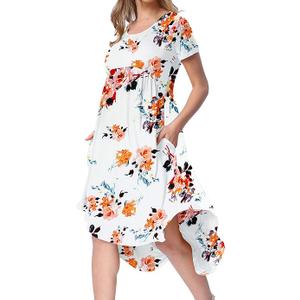 levaca Women's Scoop Neck Pockets High Low Pleated Loose Swing Casual Midi Dress, Size S