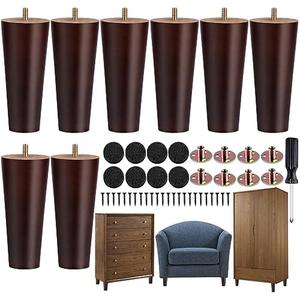 TURSTIN 8 Pieces Furniture Legs 6 Inches Round Solid Wood Furniture Feet Couch Legs Sofa Legs Replacement Legs for Armchair, Cabinet, Chair, Dresser or Home DIY Projects, Brown