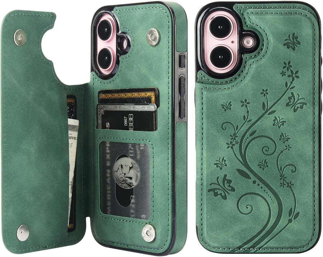 Vaburs Compatible with iPhone 16 Case Wallet with Card Holder,Embossed Butterfly Pattern PU Leather Double Buttons Flip Protective Shockproof Cover for Magnetic Car Mount 6.1 Inch (Dark Green)